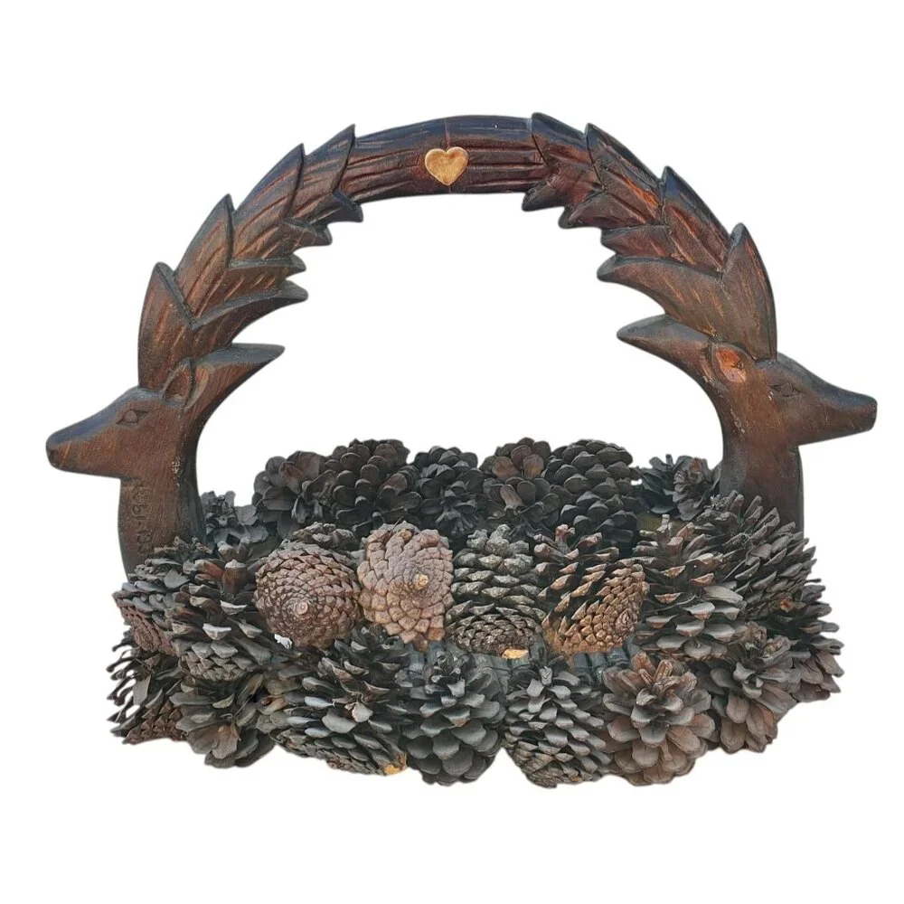 Pinecone Basket with Hand-Carved Wooden Deer Handle Dated 1994